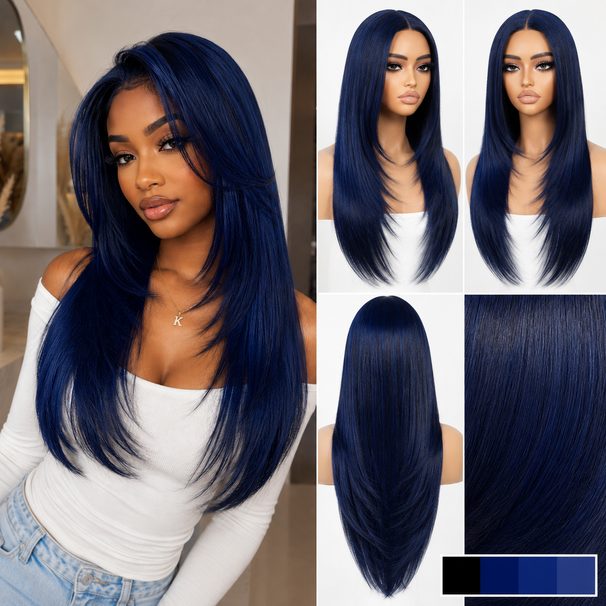 Zlike Dark Blue Wear & Go Glueless Synthetic Lace Front Wig Pre-Cut Pre-Plucked Long Layered Straight Wig