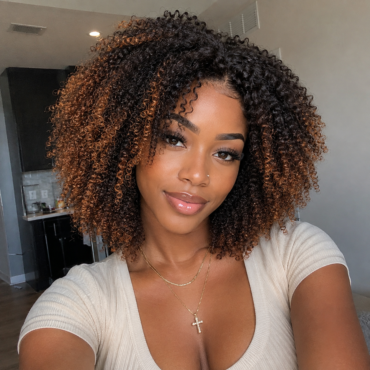 Zlike Black to Golden Brown Dip Dyed Coily Wave 5x5 Lace Glueless Human Hair Wig