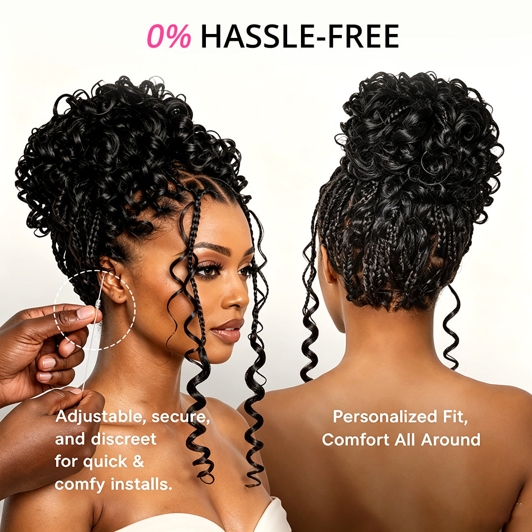 Zlike Full Lace Knotless Boho Curls Braided Bob Pre-Cut Lace Wigs Flexi Fit Invisi Drawstring Cap