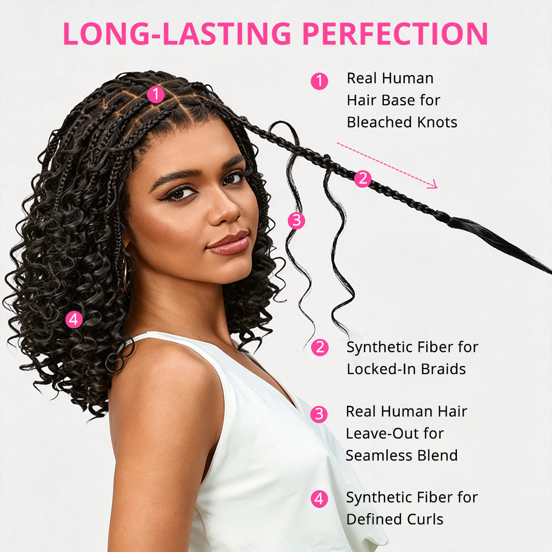 Zlike Full Lace Knotless Boho Curls Braided Bob Pre-Cut Lace Wigs Flexi Fit Invisi Drawstring Cap