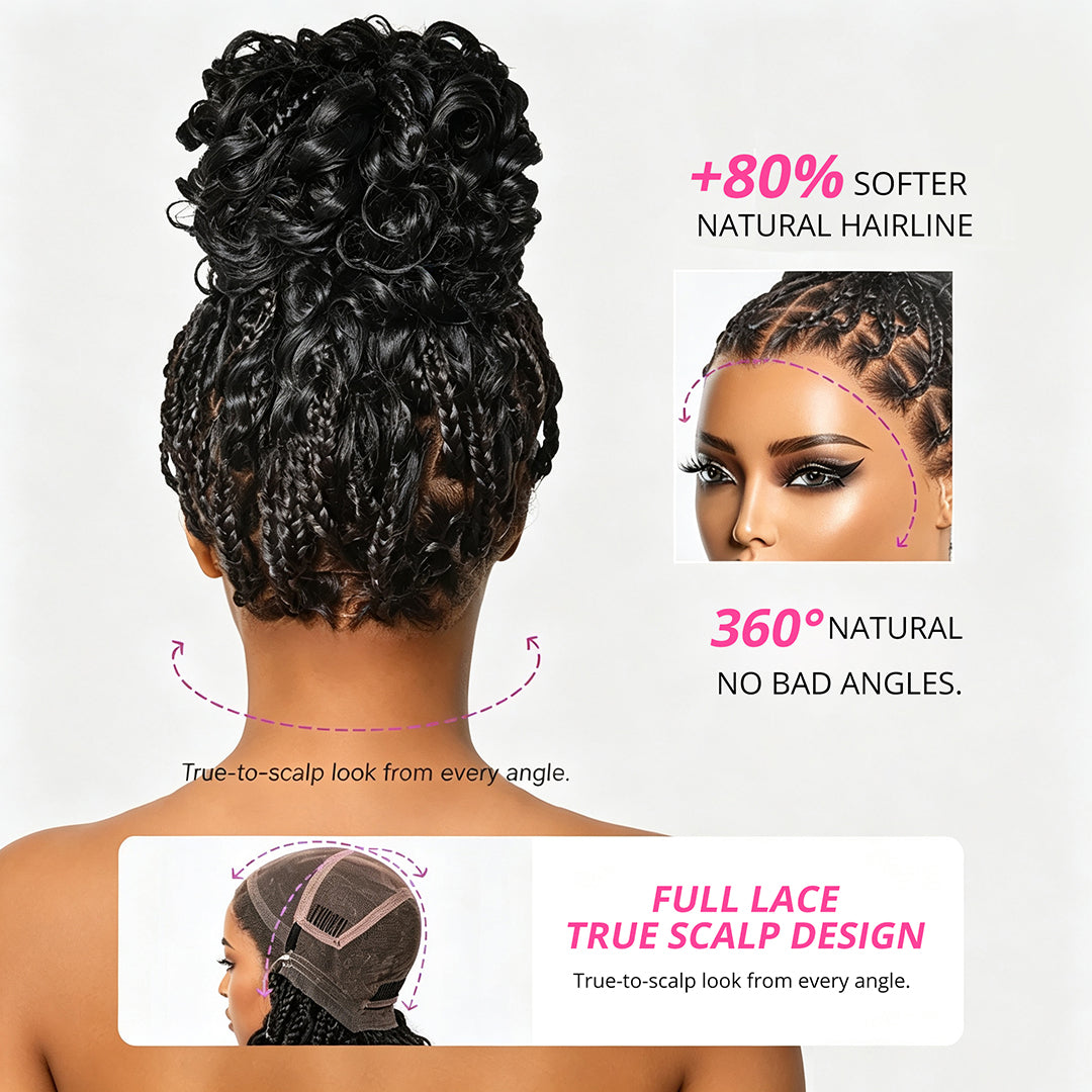Zlike Full Lace Knotless Boho Curls Braided Bob Pre-Cut Lace Wigs Flexi Fit Invisi Drawstring Cap