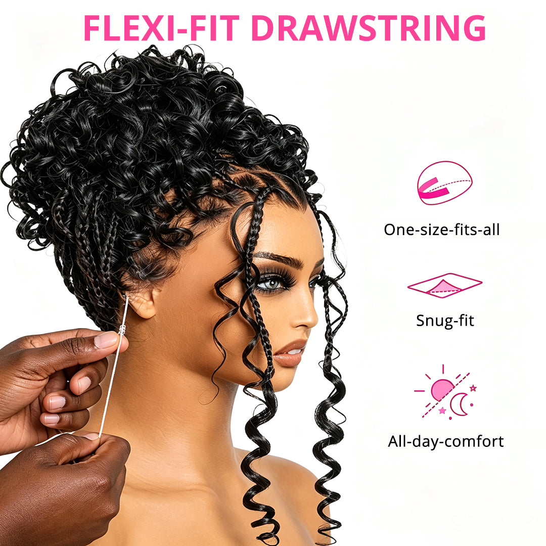 Zlike Full Lace Knotless Boho Curls Braided Bob Pre-Cut Lace Wigs Flexi Fit Invisi Drawstring Cap