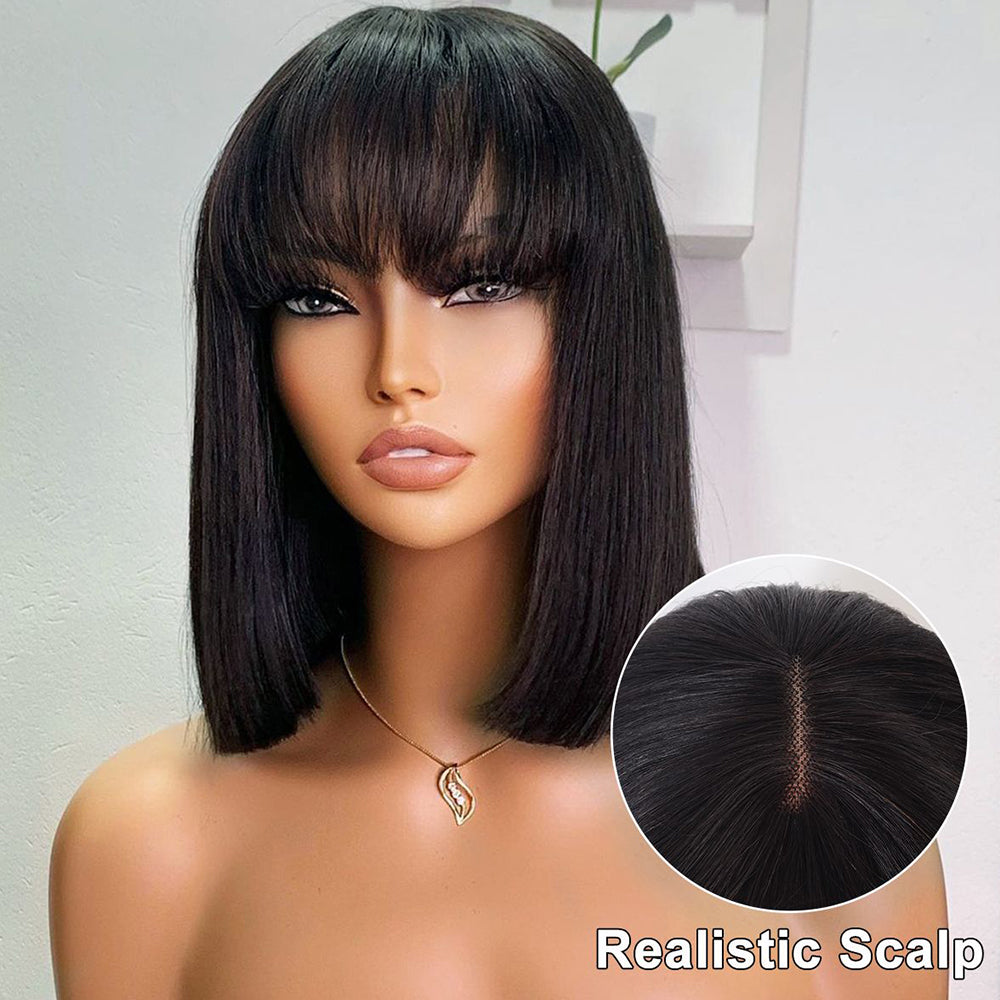 Straight Short Bob Wig Glueless Human Hair Wigs With Bangs For Women