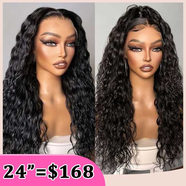 Natural Black Water Wave Transparent Lace Wig 100% Human Hair Wigs With Baby Hair