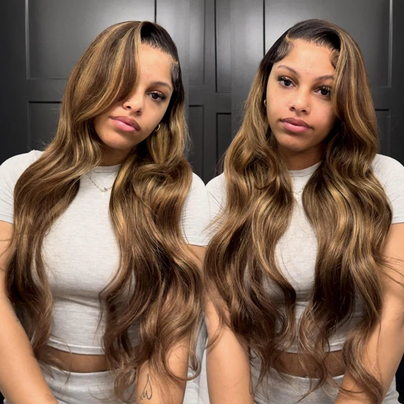 Fast Shipping | Black Roots 4/27 Ombre Highlight Body Wave Transparent Lace Front Human Hair Wigs