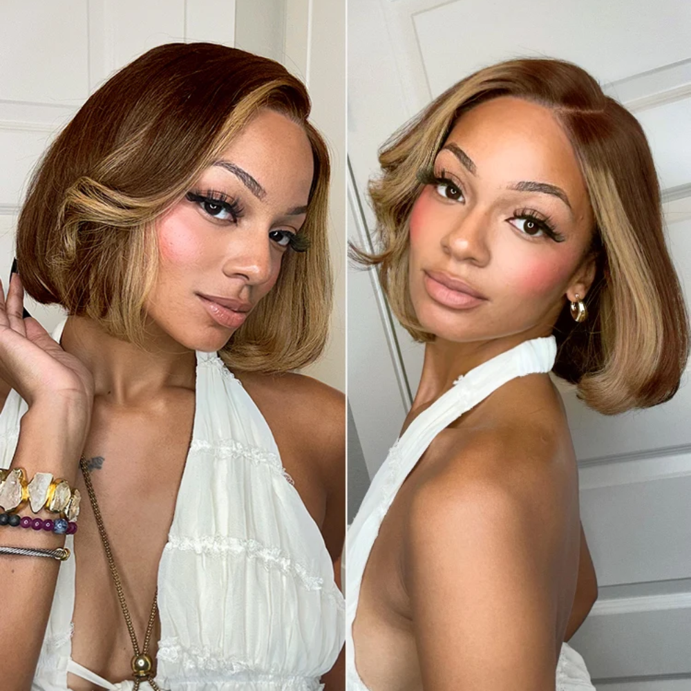 Zlike Honey Blonde Face Framing Highlights Blow Out Layered Cut Glueless 5x5 Closure Lace Bob Wig Pre-cut Lace