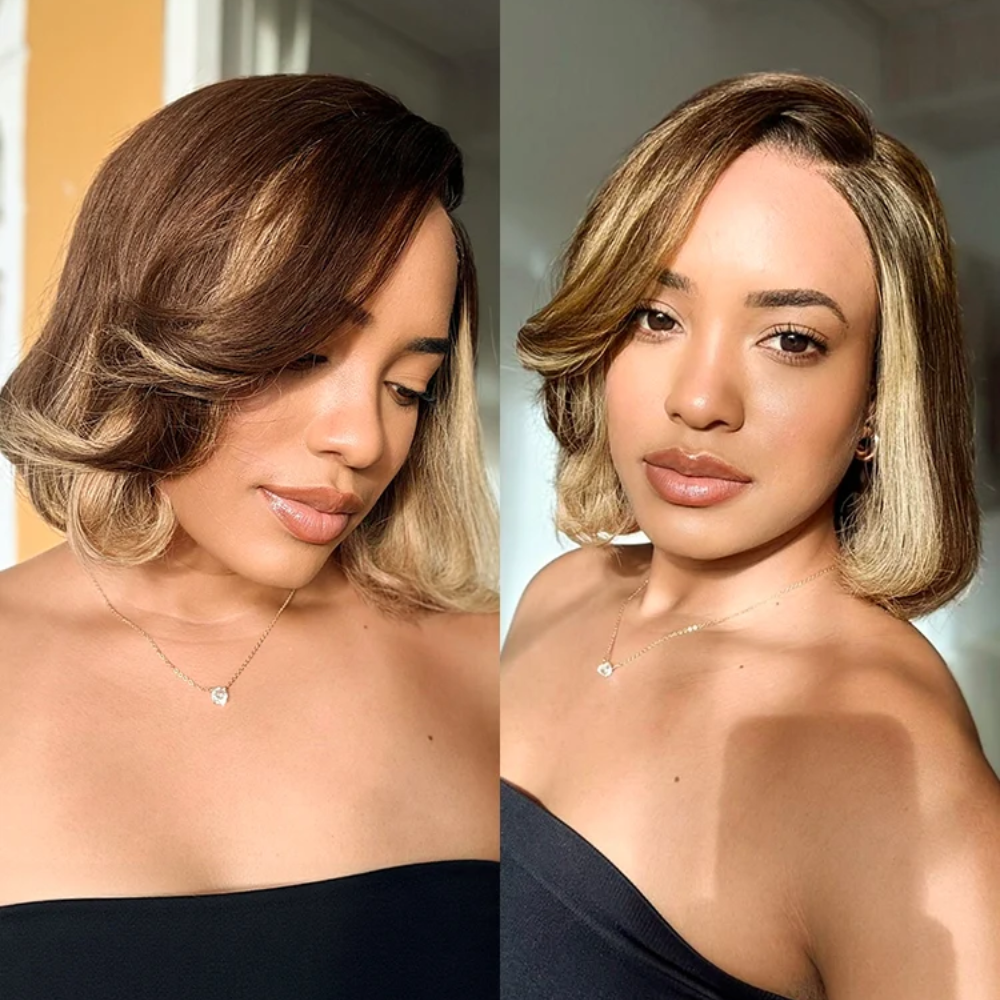 Zlike Honey Blonde Face Framing Highlights Blow Out Layered Cut Glueless 5x5 Closure Lace Bob Wig Pre-cut Lace