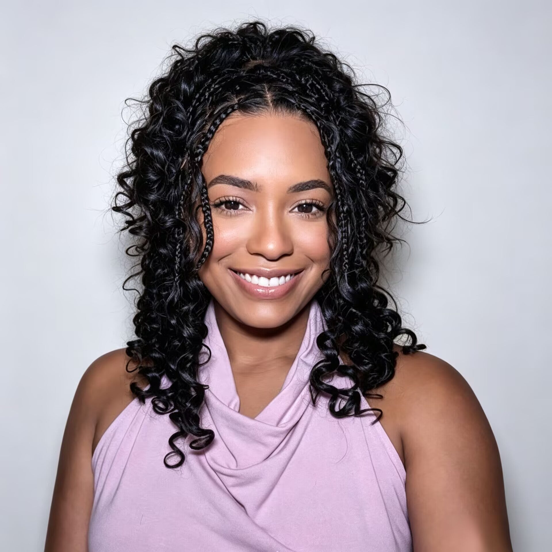 Zlike 7x5 Lace Front Boho Braids Wig with Boho Spiral Curls, Human Hair Glueless Pre Plucked Natural Black