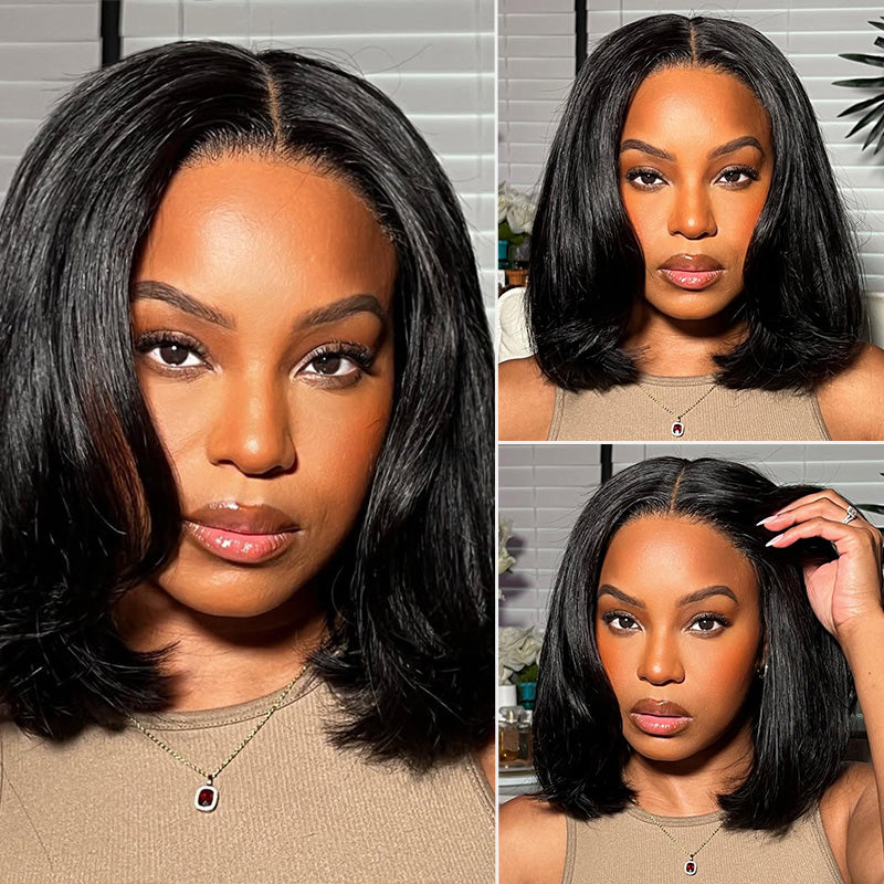 300% Density Bob Lace Wig Pre Cut Straight Human Hair Lace Closure Wigs Bleach Knots