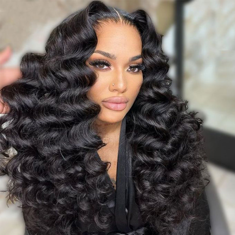 300% Density Luxury Custom Wigs Bouncy Wavy Lace Wig Super Double Drawn Virgin Human Hair Transparent Lace Front Wigs Pre Plucked Hairline