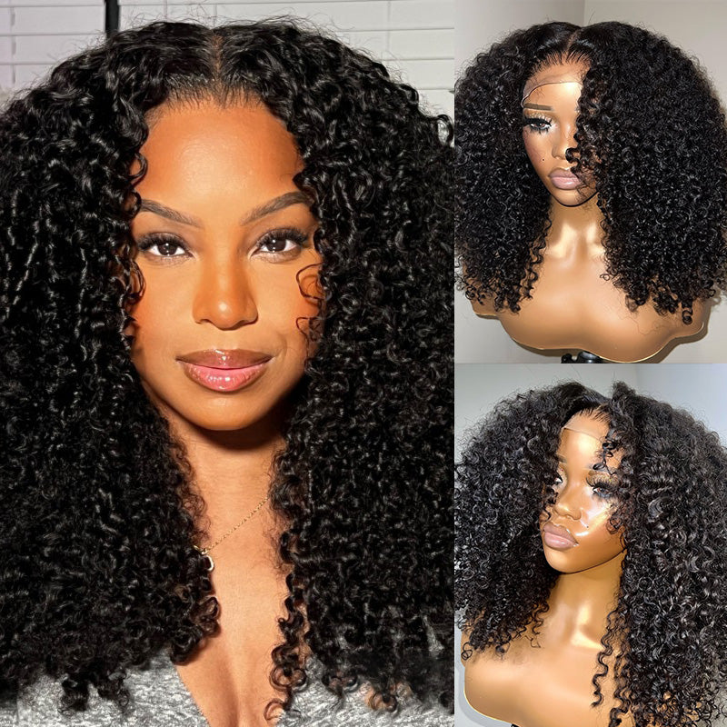 Thick Fluffy Human Hair Lace Closure Wigs Afro Curly Transparent Lace Wig For Black Women