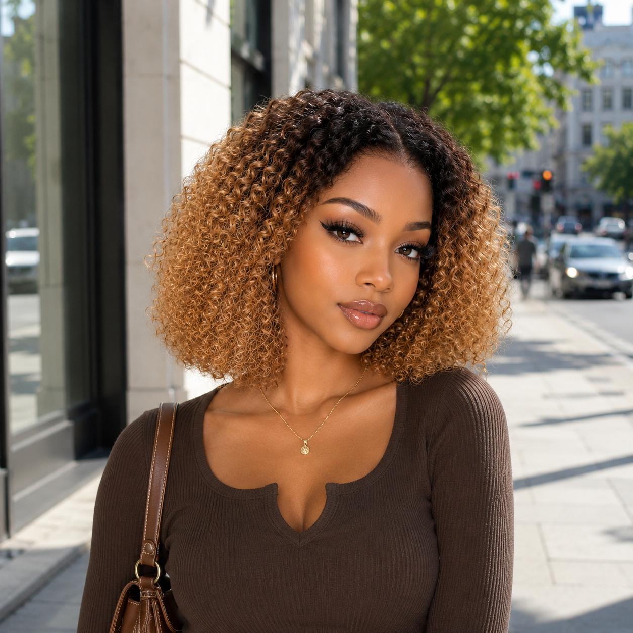 Zlike Ombre Brown & Blonde Short Kinky Curly Bob Wig Glueless Human Hair Wig