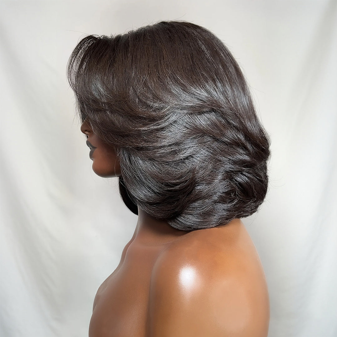 Zlike 7x5 Transparent Lace Layered Bob Wigs Glueless Wear Drawstring Human Hair Wigs Natural Look 300% Density