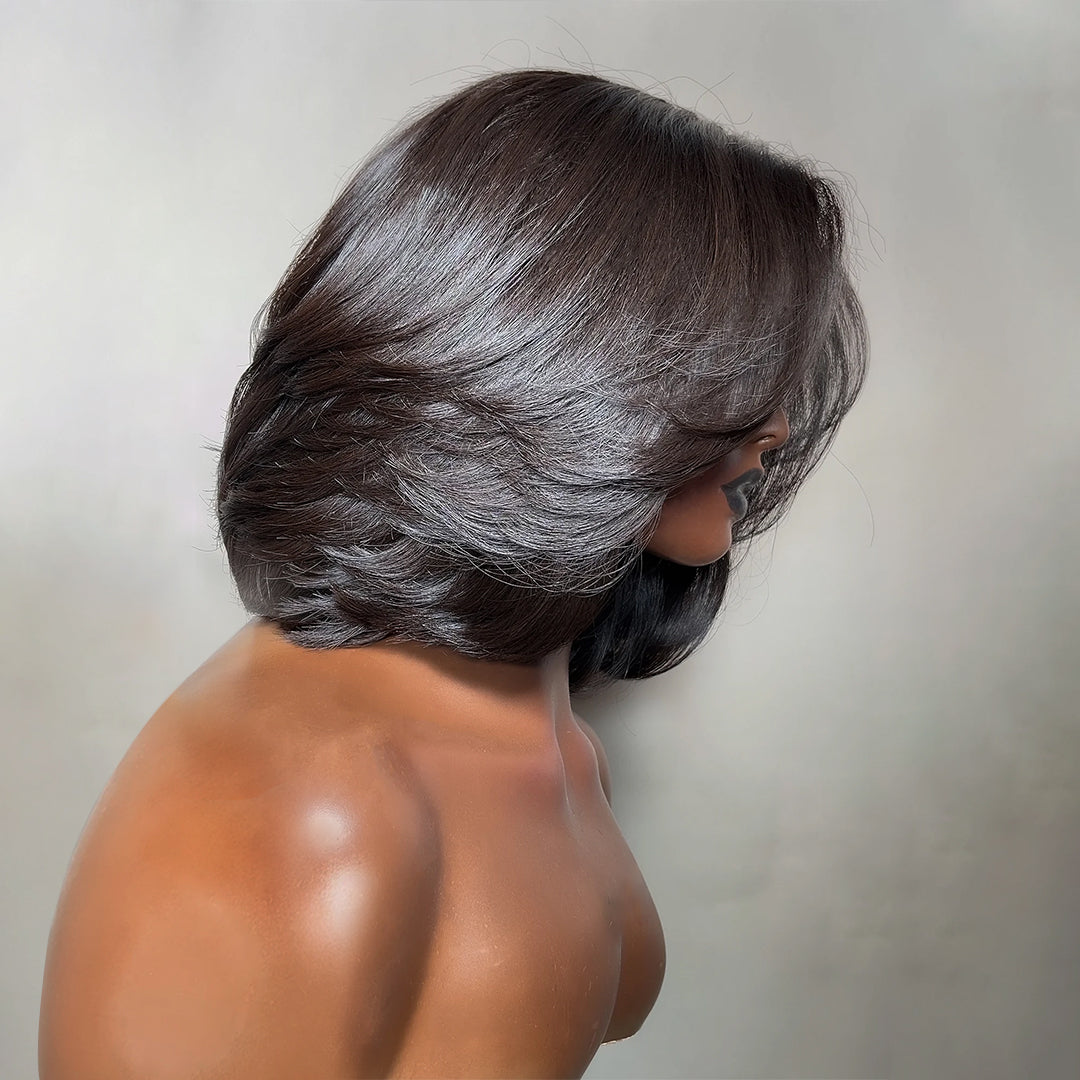 Zlike 7x5 Transparent Lace Layered Bob Wigs Glueless Wear Drawstring Human Hair Wigs Natural Look 300% Density