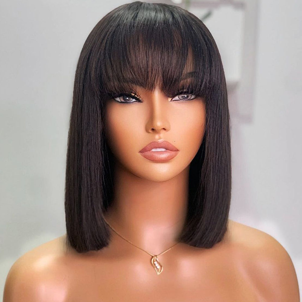 Straight Short Bob Wig Glueless Human Hair Wigs With Bangs For Women