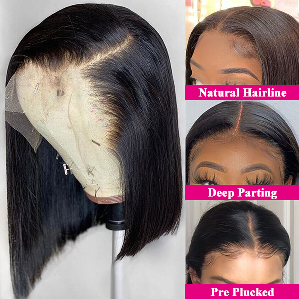 Pre Plucked Straight Transparent Lace Front Wig Short Bob Human Hair Wigs Natural Hairline