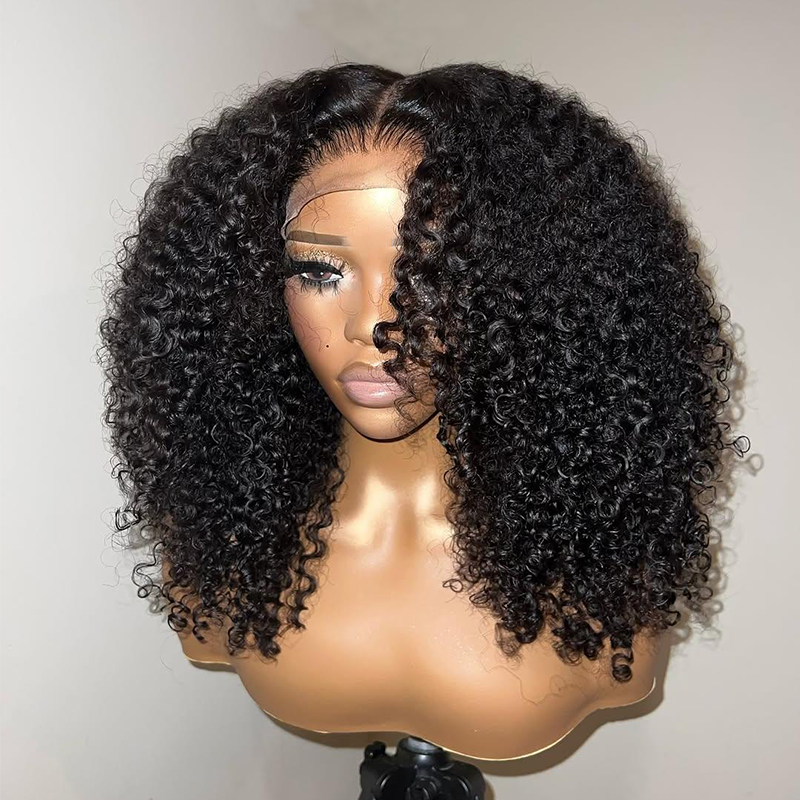 Thick Fluffy Human Hair Lace Closure Wigs Afro Curly Transparent Lace Wig For Black Women