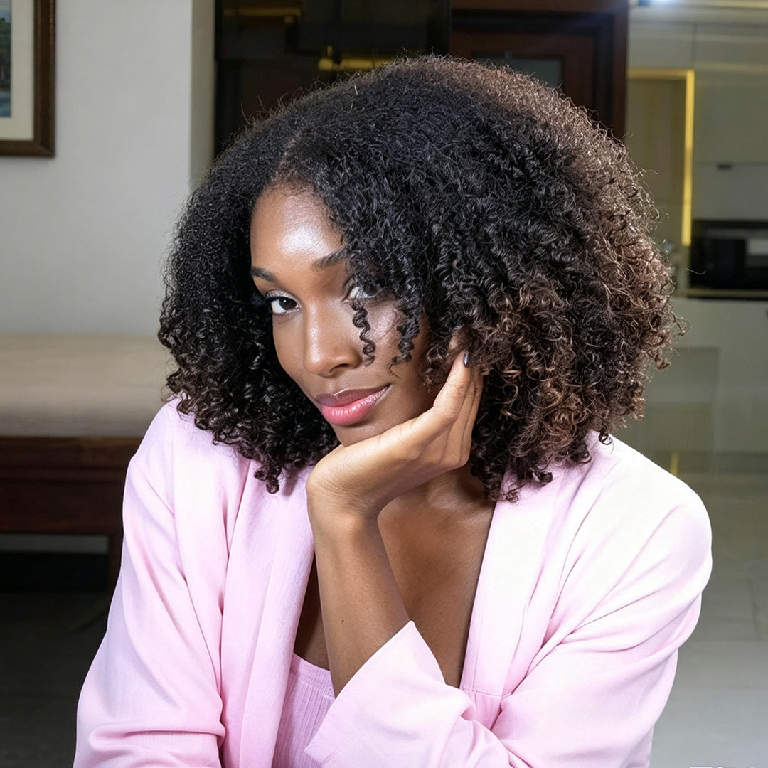 Zlike Ombre Black Brown Fluffy Afro Curly Coils Short Bob 4x4 Lace Frontal Human Hair Wigs