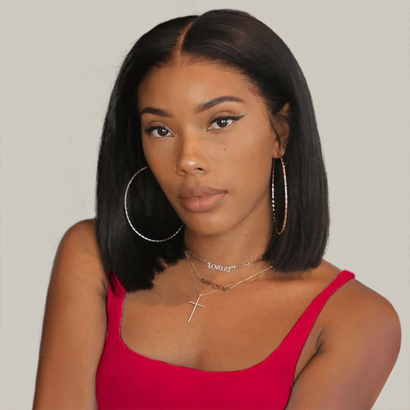 300% Density Bob Lace Wig Pre Cut Straight Human Hair Lace Closure Wigs Bleach Knots