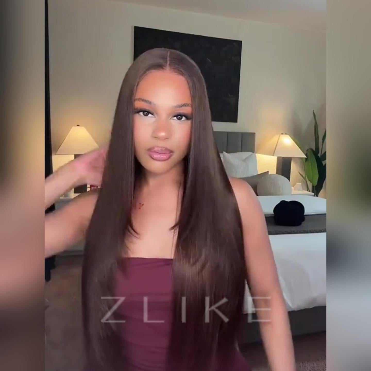 Zlike Straight Chocolate Brown Color Layered Cut Wear Go Glueless Wigs 100% Human Hair Lace Closure Wigs