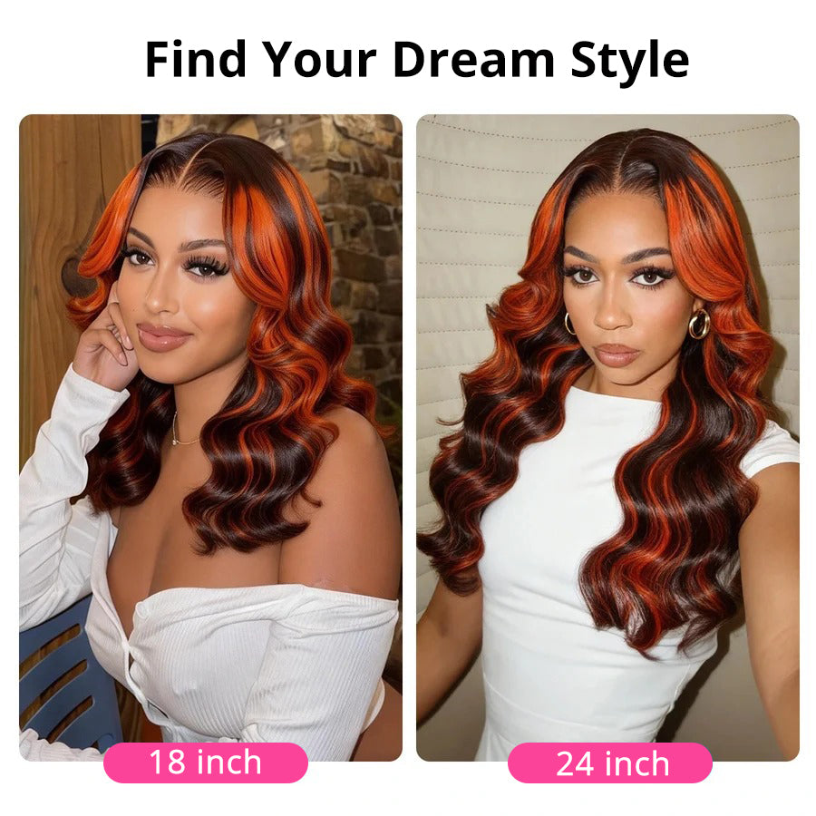 Zlike Ginger Highlight Body Wave Wig 360 Lace Frontal Invisi Strap Snug Fit Human Hair Wigs