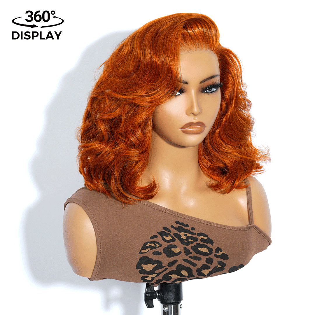 Zlike Orange Ginger Colored Short Wavy Pre-Cut Glueless Human Hair Bob Wigs