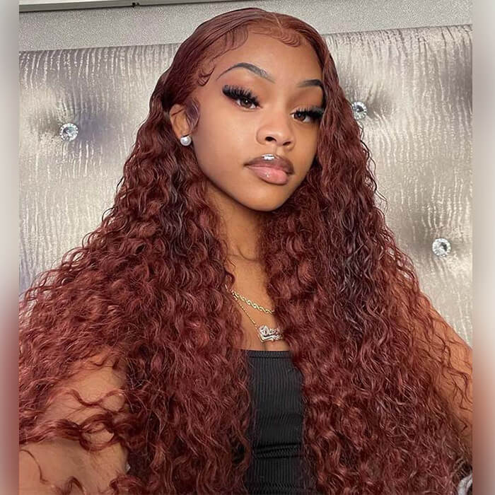 Clearance Sale | #33 Reddish Brown Colored Water Wave 100% Human Hair Transparent Lace Front Wigs