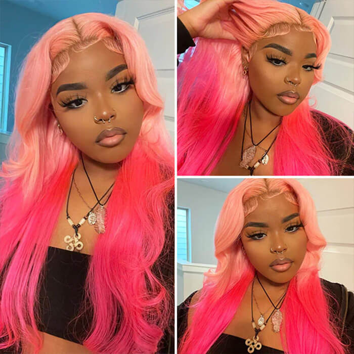 Highlights Honey Ombre Pink Color Straight Hair Wig Transparent Lace Front Wigs-Zlike