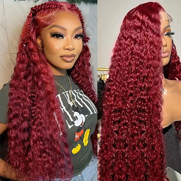 99J Burgundy Colored Deep Wave Wig 13X4 180% Density Lace Front Wigs 100% Human Hair