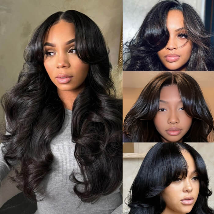 Zlike Layered Cut With Curtain Bangs 100% Glueless Human Hair Wigs Pre Cut Body Wave Lace Wigs