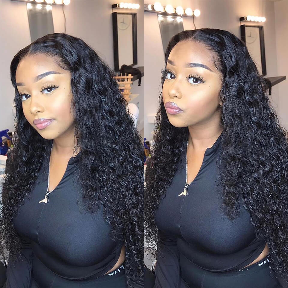 Natural Black Water Wave Transparent Lace Wig 100% Human Hair Wigs With Baby Hair