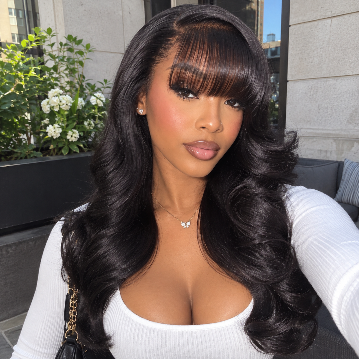 Zlike Ready To Wear Pre-Styled Loose Body Wave Wig with Wispy Air Bangs 13x4 Lace Front Glueless Side Part Human Hair Wig