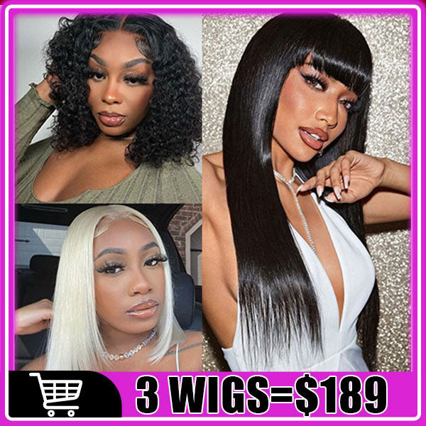 $189 = 3Wigs | Bob 13x4 Lace Front Water Wave Wig + Bob Glueless 4x4 Lace Closure Straight 613 Blonde Wig + Glueless 1x2 Top Lace Closure Straight Wig With Bangs