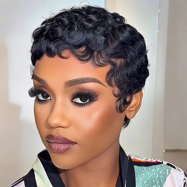 Zlike Pixie Cut Pre-Styled Human Hair Wig Short Curly Machine Made Wig Beginner Friendly