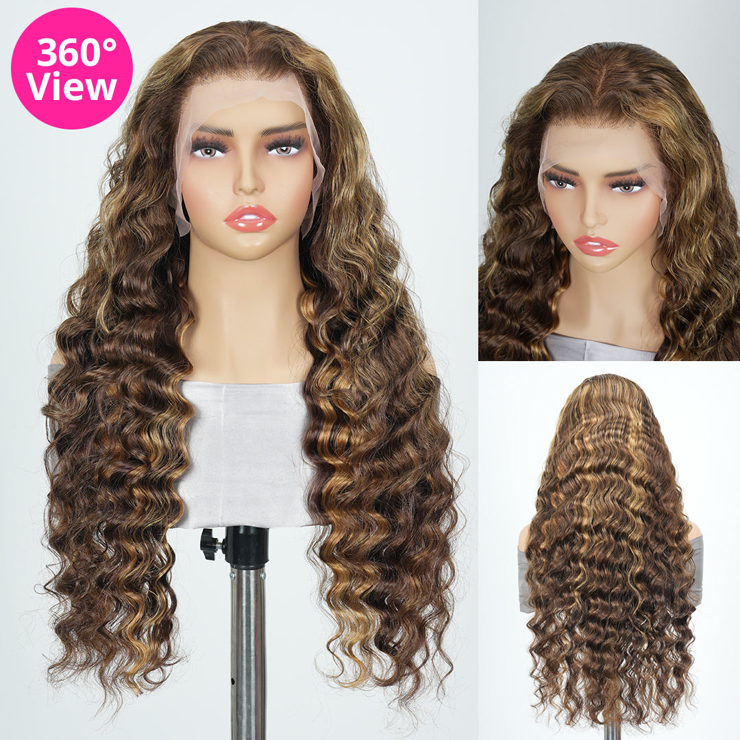 300% Density Pre Cut Honey Blonde Highlight Loose Deep Wigs Virgin Human Hair Transparent Lace Front Glueless Wigs