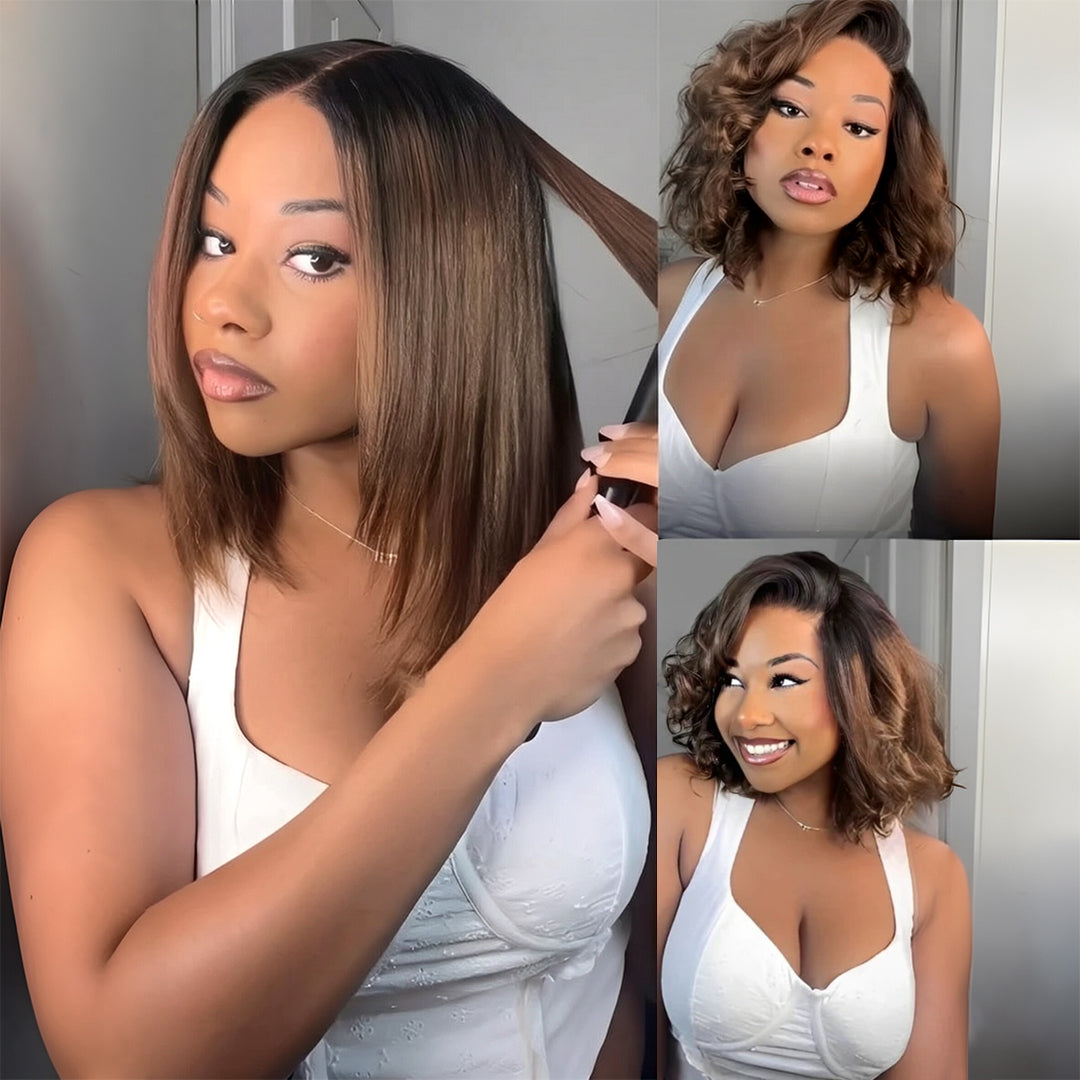 Zlike Ombre Chestnut Brown Yaki Straight 7x5 No-Slip Glueless Wig Put On & Go Human Hair Wigs with Invisi Drawstring