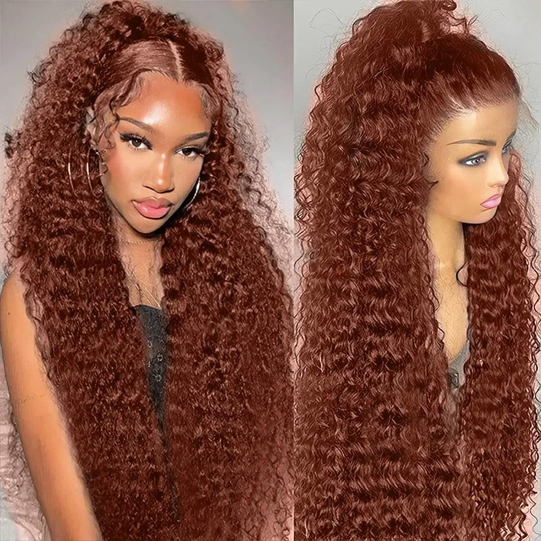 Water Wave Lace Front Human Hair Wigs Brown Brunette Auburn Copper Color