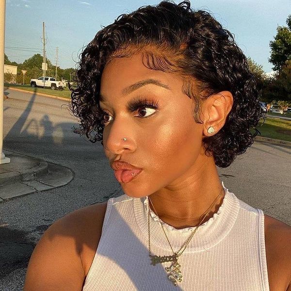 Pixie Cut Jerry Curly 13x4 Side Part Transparent Full Lace Wig Short Bob Human Hair Wigs For Women