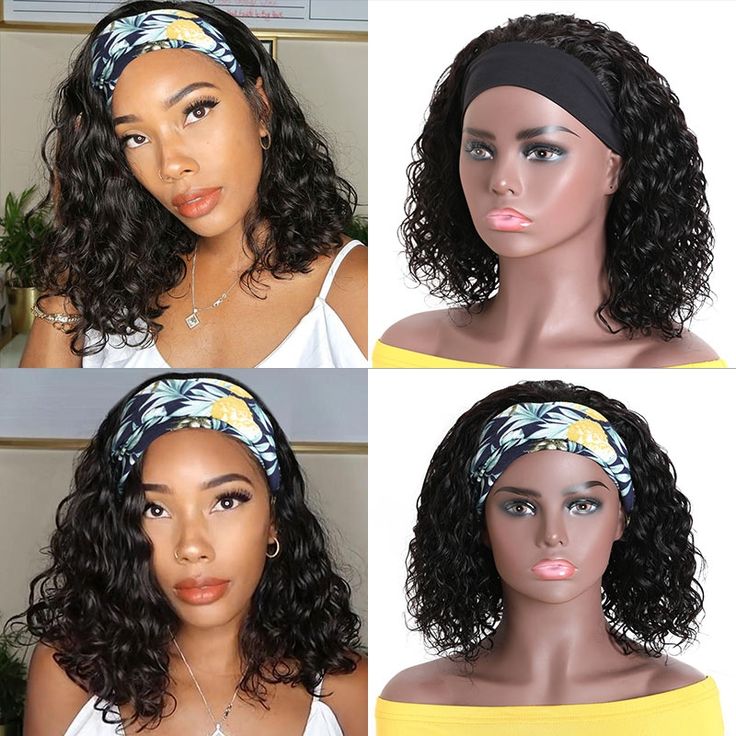 Zlike No Lace Glueless Short Bob Water Wave Wig Natural Black Headband 100% Human Hair Wigs