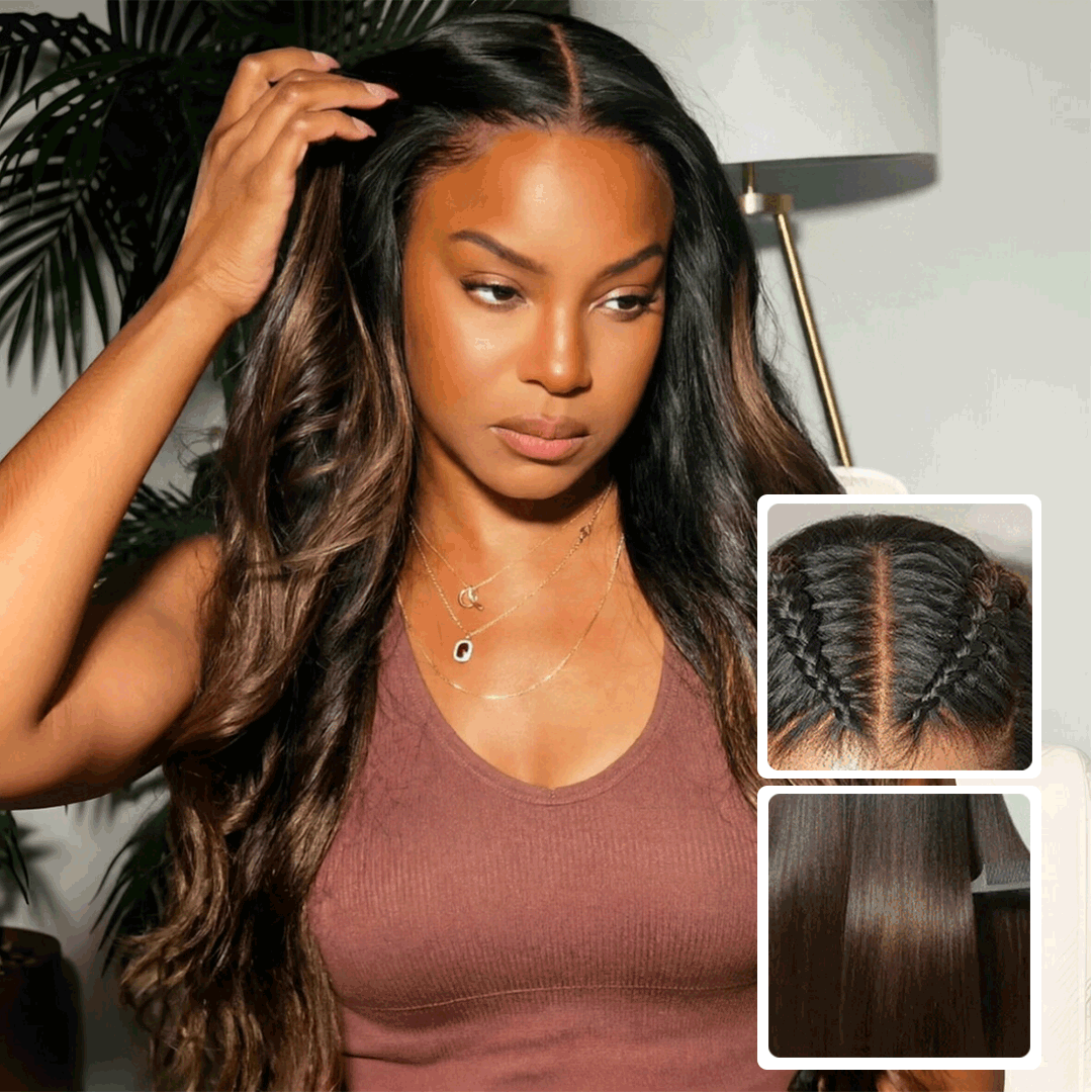 Zlike Ombre Chestnut Brown Yaki Straight 7x5 No-Slip Glueless Wig Put On & Go Human Hair Wigs with Invisi Drawstring