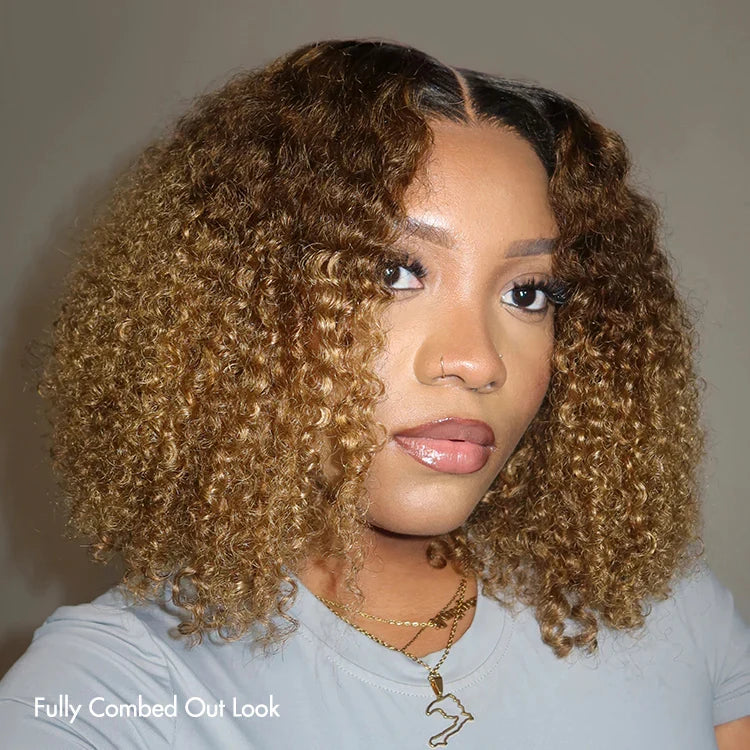 Zlike Ombre Brown & Blonde Short Kinky Curly Bob Wig Glueless Human Hair Wig