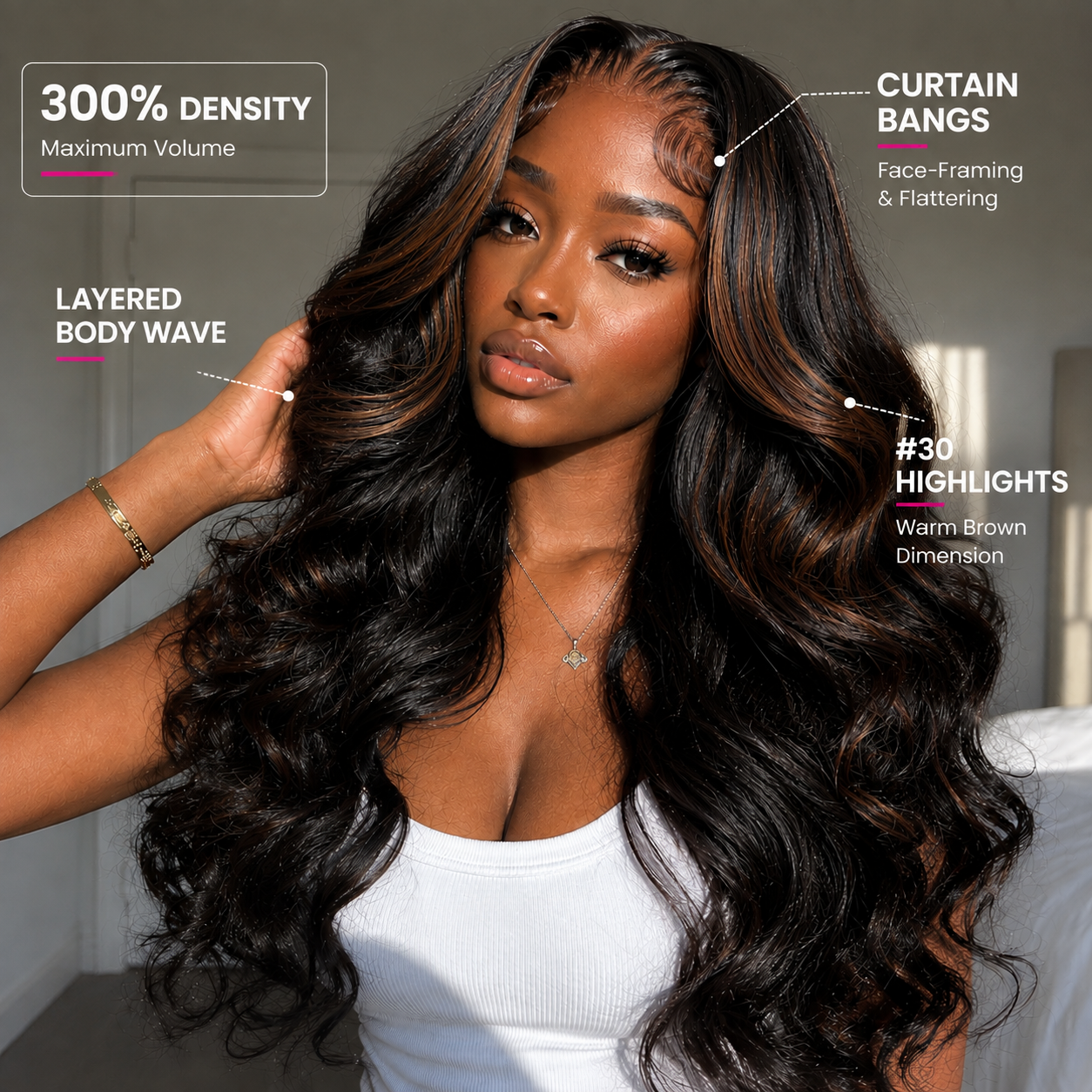 Zlike 300% Density #30 Highlight Layered Body Wave Wig with Curtain Bangs 13x4 Lace Front Human Hair Wig with Drawstring