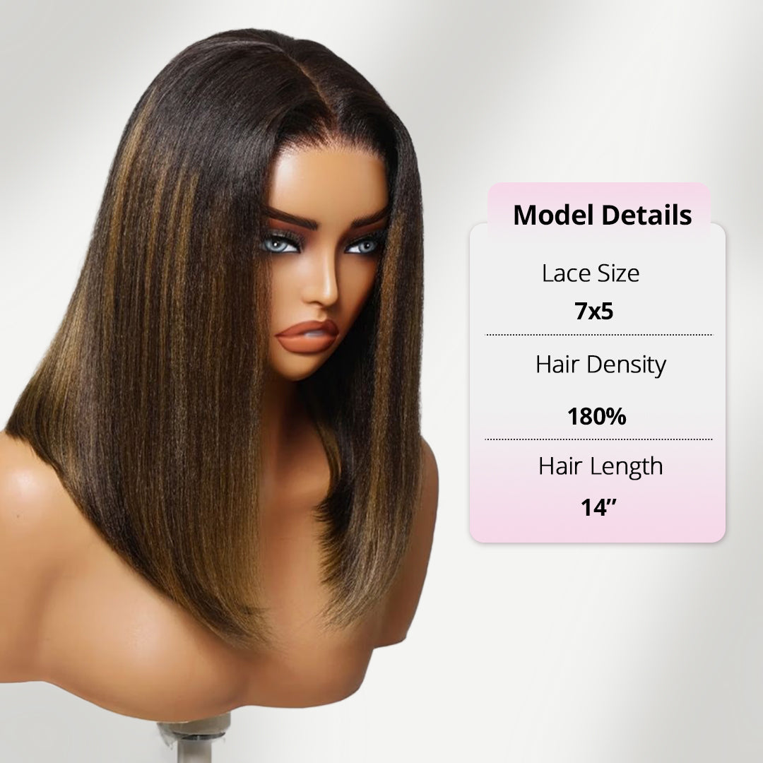 Styled Wig | 7x5 Balayage Highlight Straight Bob Wig Pre-Bleached C Part Natural Looking Glueless Wigs