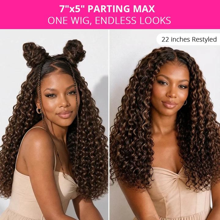 Zlike PartingMax Brown Highlights Funmi Curly 7x5 Closure Lace Glueless Wigs with Drawstring Pre-Cut Lace