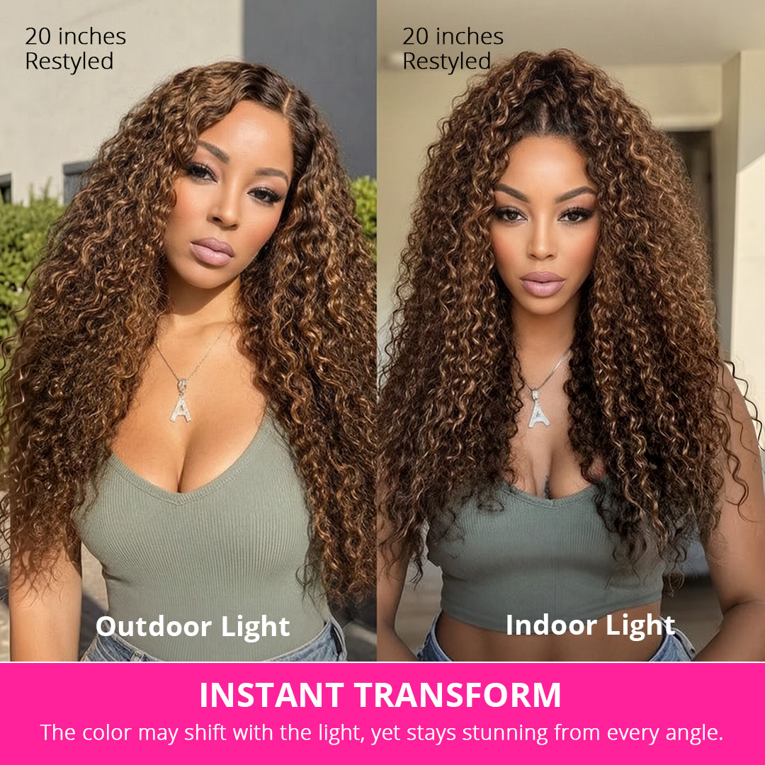 Zlike PartingMax Brown Highlights Funmi Curly 7x5 Closure Lace Glueless Wigs with Drawstring Pre-Cut Lace