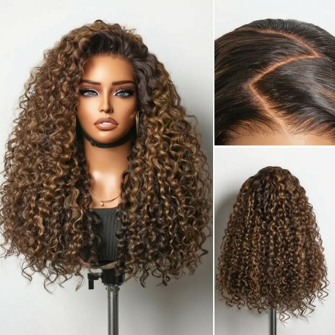 Zlike PartingMax Brown Highlights Funmi Curly 7x5 Closure Lace Glueless Wigs with Drawstring Pre-Cut Lace