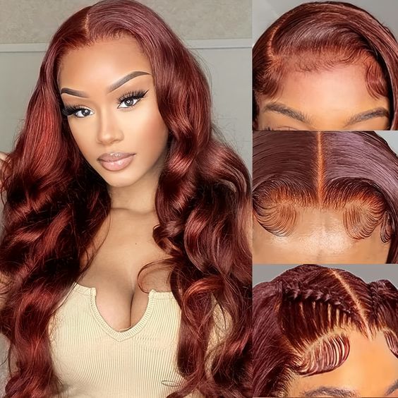 #33 Reddish Brown Colored Body Wave 180% Density 13x4 Lace Front Human Hair Wig With Baby Hair