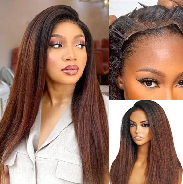 Pre Cut Glueless 1B/30 Highlight Yaki Straight Invisi-Band 360 Transparent Lace Frontal Human Hair Wigs