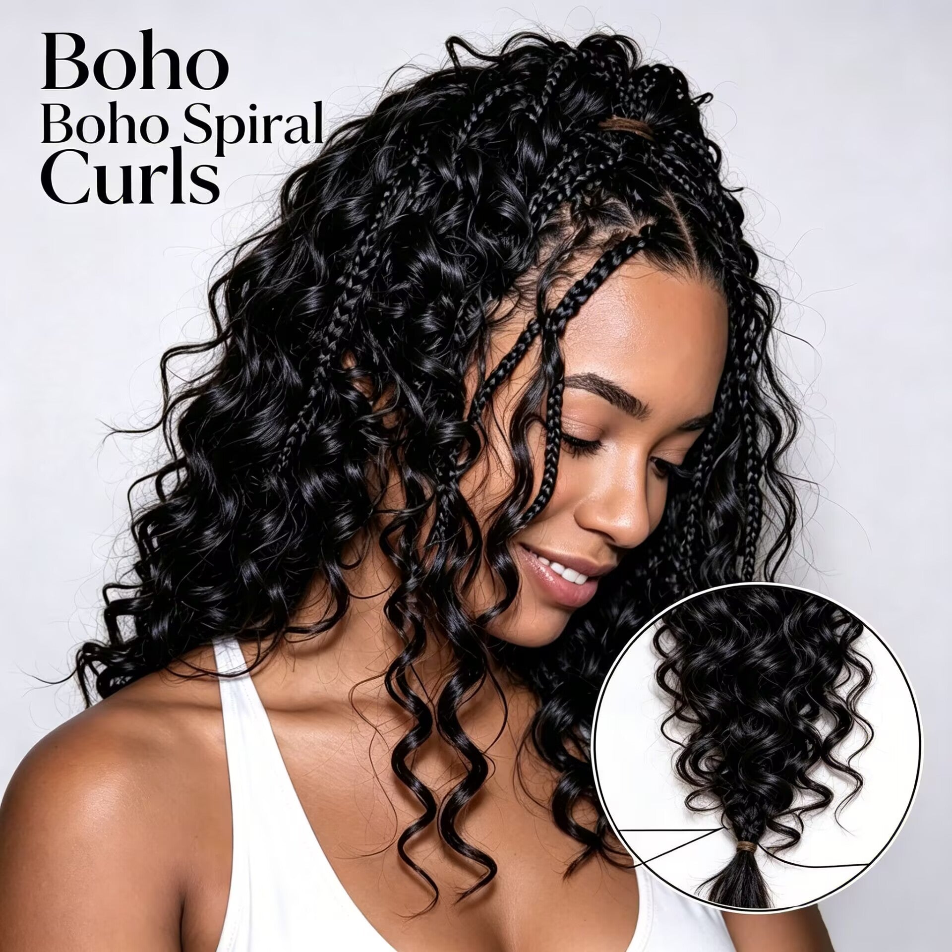 Zlike 7x5 Lace Front Boho Braids Wig with Boho Spiral Curls, Human Hair Glueless Pre Plucked Natural Black