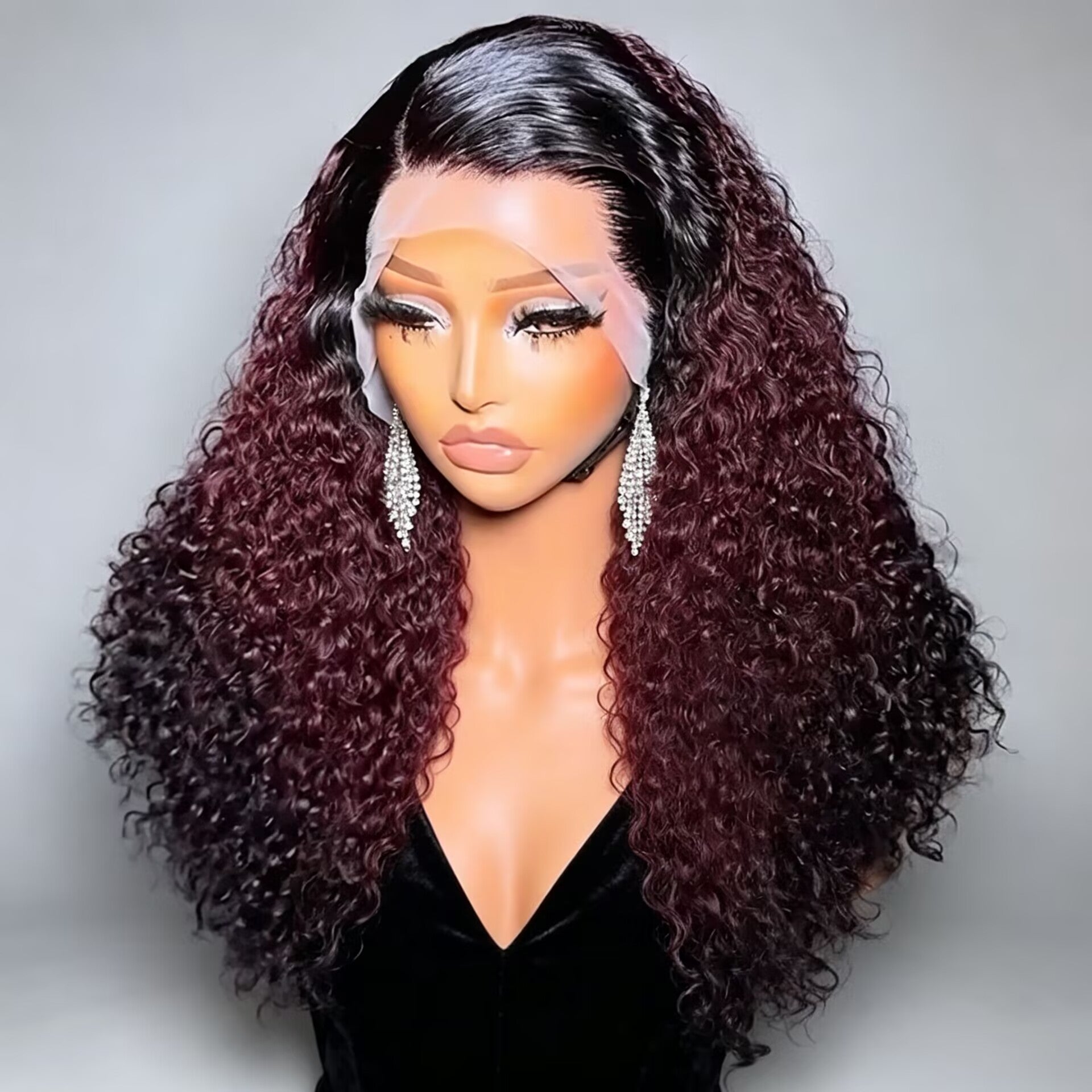 Zlike 300% Density Ombre 99J Burgundy Curly Human Hair Wig Transparent Lace Front Glueless Wig